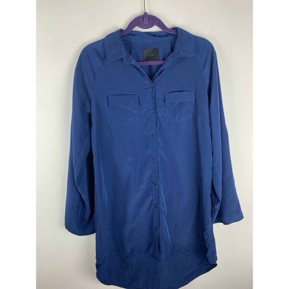 Gestuz Womens Size 38 Medium High Low Tunic Top Dress Navy Roll Button Sleeve